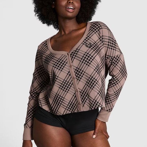 PINK Victoria's Secret Plaid Button-Up Top in Brown and Black - Picture 1 of 6